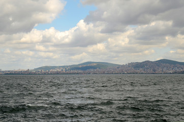 Beautiful Istanbul skyline with white clouds and blue sky. View from Prince Islands