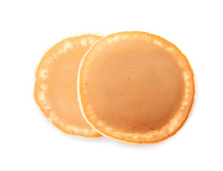 Tasty pancakes on white background