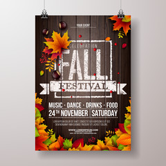 Obraz premium Autumn Party Flyer Illustration with falling leaves and typography design on vintage wood background. Vector Autumnal Fall Festival Design for Invitation or Holiday Celebration Poster.