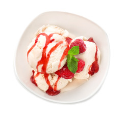 Bowl with delicious raspberry ice-cream on white background