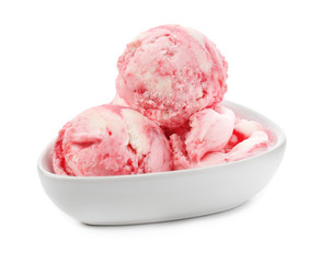 Bowl with delicious raspberry ice-cream on white background
