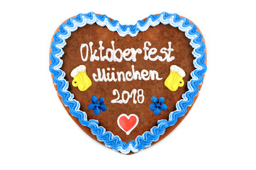 Oktoberfest Muenchen 2018 Gingerbread heart (engl. October festival Munich) with white isolated background (Germany).