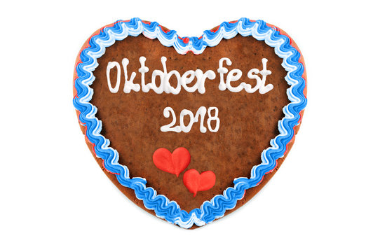Oktoberfest 2018 Gingerbread heart (engl. October festival Munich) with white isolated background (Germany).