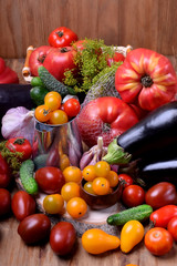 Naklejka na ściany i meble Varying sorts of tomatoes and other vegetables. Freshly picked harvest
