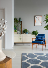Patterned carpet and blue armchair in grey living room interior with poster and plants. Real photo