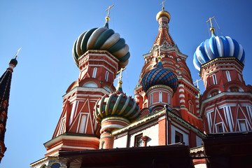 Fototapeta na wymiar Moscow, Russia - August 17, 2018: St. Basil`s Cathedral on Red Square against the clear blue sky