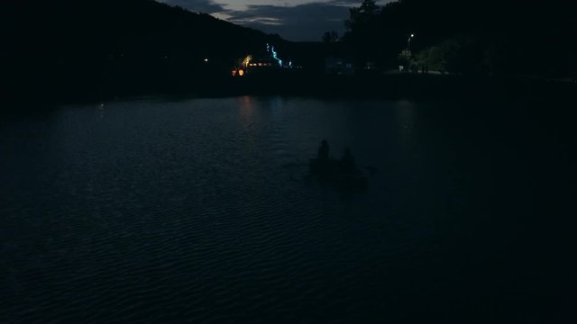Aerial view: Boat, night, love story, request of the hand and heart on the ship, beutifull shot