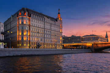 Moscow city, Russia in the sunset. River ship trip