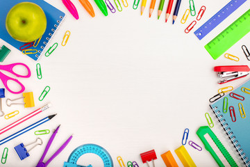 Different School Or Office Stationery On White Background Of Table With Copyspace Top View.