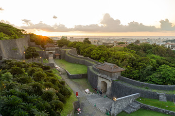 Sunset view of  Protective wall on the grounds of Shuri Castle in Naha, Okinawa, Japan.