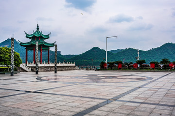 Pavilion and square in Binjiang riverside park along the Yangtze river in Yichang Hubei China