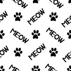 Seamless patterns with black cat footprints and words Meow.