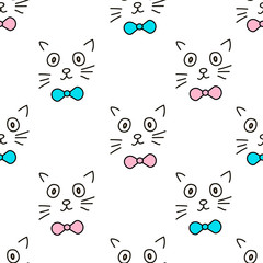 Seamless patterns with faces of the cat and bow tie.