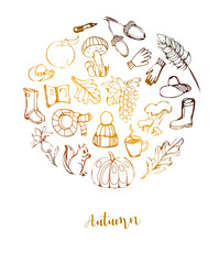 Autumn gold circle line hand drawn set of different symbols related to fall. Round template for greeting cards isolated on white background.