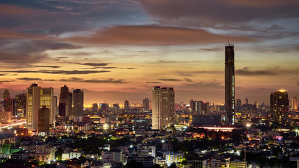sunrise skyline and cityscape light up