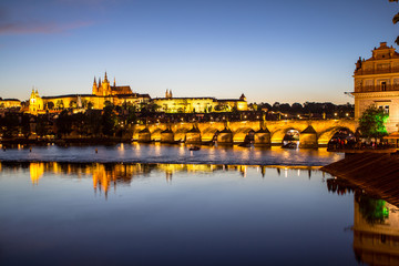 Prague castle and the Charles bridge at dusk