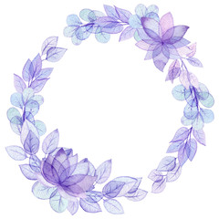 Fototapeta na wymiar Round Wreath with Watercolor Leaves and Flowers