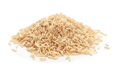 Heap of brown rice on white background