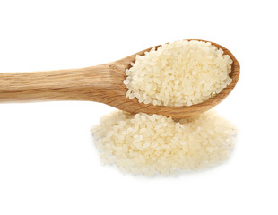 Fototapeta na wymiar Wooden spoon with raw rice on white background