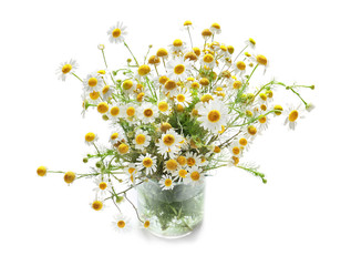 Bouquet of fresh chamomile flowers on white background