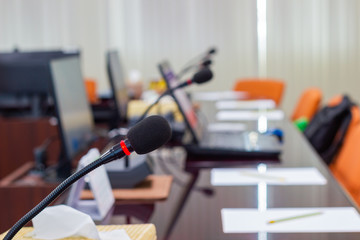 close up microphone in the conference room, concept meeting room