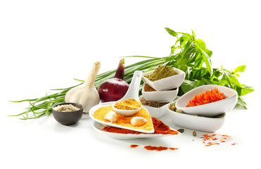 Composition with different spices and herbs on white background
