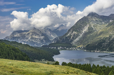 aerial view over the upper Engadine, Graubuenden, Switzerland, with lake and village of Maloja