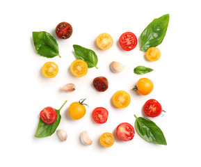 Composition with fresh ripe cherry tomatoes on white background