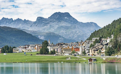 village and lake of Silvaplana in the upper Engadin near St.Moritz with Piz Lunghin in the background