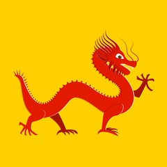 Asian red dragon in paper cut style on yellow background. Origami dragon for the year 2024. Traditional Chinese goroscop symbol. Vector card illustration