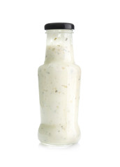 Bottle with tasty sauce on white background