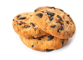 Tasty cookies with chocolate chips on white background