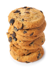 Tasty cookies with chocolate chips on white background