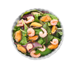 Bowl of delicious vegetable salad with seafood on white background
