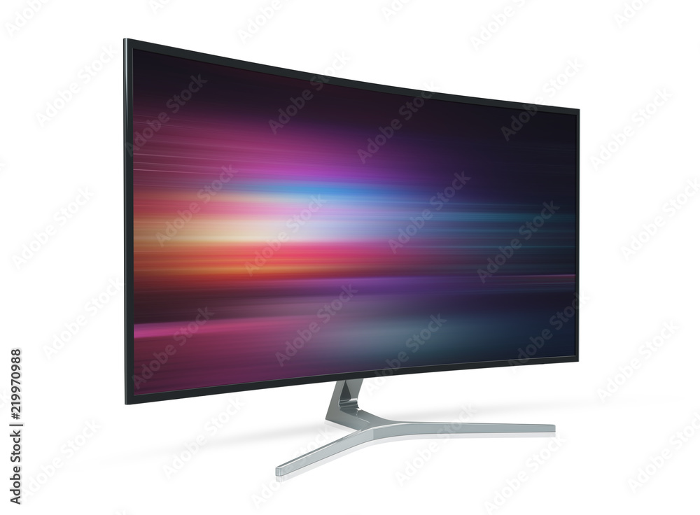 Fototapete Side view of curved monitor computer 3D rendering
