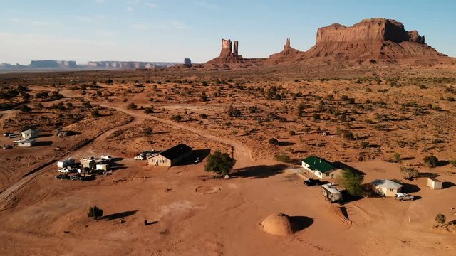 Village near the Oljato&ndash;Monument Valley in Arizona.  Ranch house. Aerial view, from above, drone shooting 
