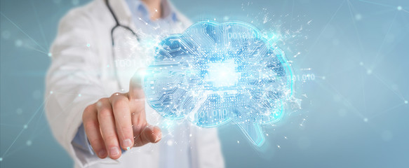 Doctor creating artificial intelligence interface 3D rendering