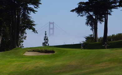 Golden Gate Bridge in fog over a golf course