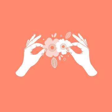 Woman hand holding paper florals. Handmade courses. Vector illustration