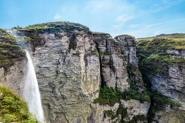 Smoke waterfall, cachoeira da fumaca, with 340 meters of free fall inside a canyon, municipality of Palmeiras, Chapada Diamantina Region, in the state of Bahia, Brazil