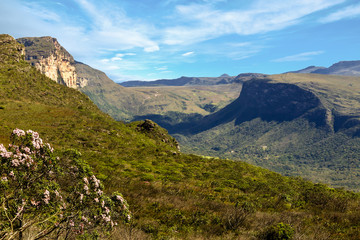 Valley of Chapada Diamantina, mountains, cliffs and vast vegetation of cerrado, city of Palmeiras, Bahia, Brazil
