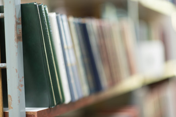 A close up of a set of books sitting on the shelf of a public library.