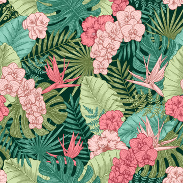 Exotic flowers and leaves seamless pattern. Tropical style. Vector illustration