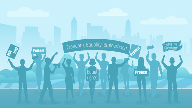 Silhouette crowd of people protesters. Protest, revolution, conflict on city street. Civil demonstration flat vector illustration.