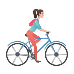 Naklejka premium Trendy gradient color vector adult young woman riding bicycle isolated.