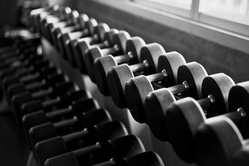 Close up of dumbbell in fitness gym