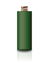Blank green cosmetic cylinder bottle with copper lid for beauty or healthy product. Isolated on white background with reflection shadow. Ready to use for package design. Vector illustration.