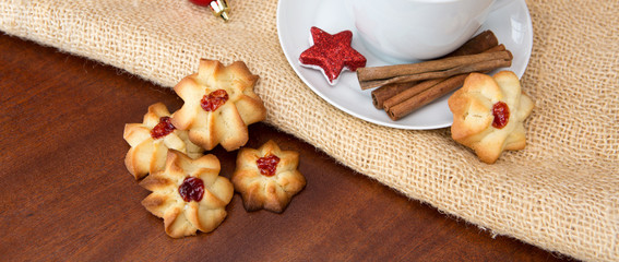 Christmas Cookies and coffee cup with decoration.