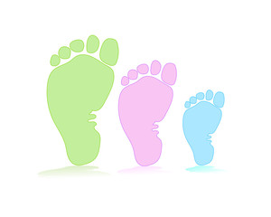 Three footprints - mom, dad and baby. The concept of family, love and care. Parenthood, motherhood, fatherhood. Vector illustration of a trace from the foot icon. 