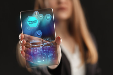 The concept of business, technology, the Internet and the network. A young entrepreneur working on a virtual screen of the future and sees the inscription: Technical support